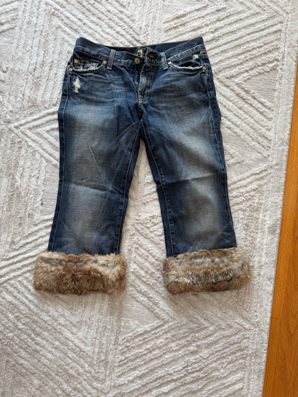 7 For All Mankind Dark Blue Cropped Jeans with Faux Fur Cuffs